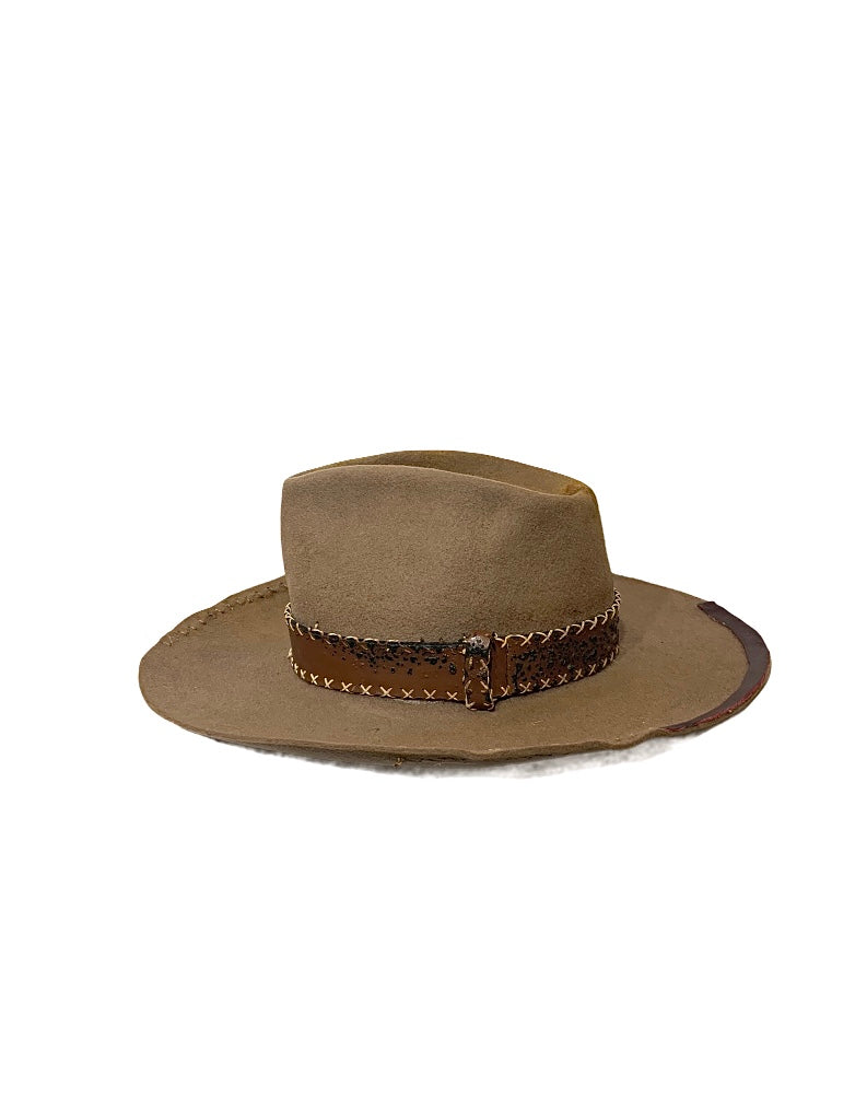 mens hat custom handcrafted hat brown fedora hat maker townsville brown espresso leather hat distressed and aged to add patina western weight milliner hat shop 303 silk lining ugo kennedy hats handmade custom bespoke