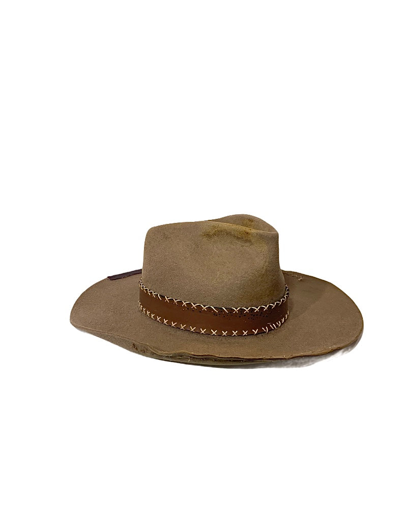 mens hat custom handcrafted hat brown fedora hat maker townsville brown espresso leather hat distressed and aged to add patina western weight milliner hat shop 303 silk lining ugo kennedy hats handmade custom bespoke hand stitched 